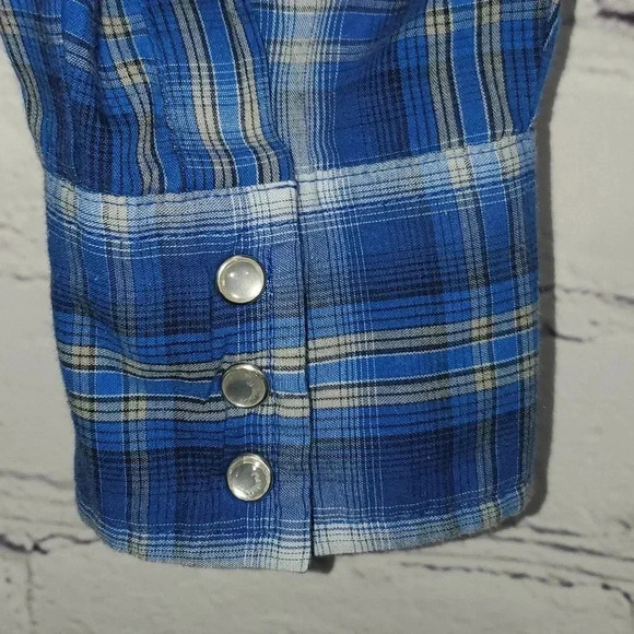 Wrangler Wrancher Pearl Snap Large Blue Plaid Shirt Western Cowboy Cotton Blend - Picture 7 of 11